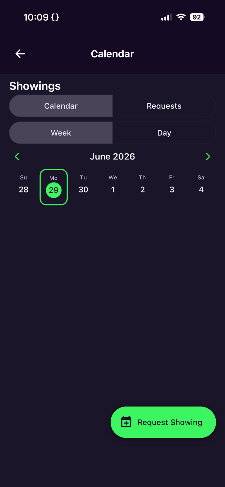 Fizzbo app — showings calendar