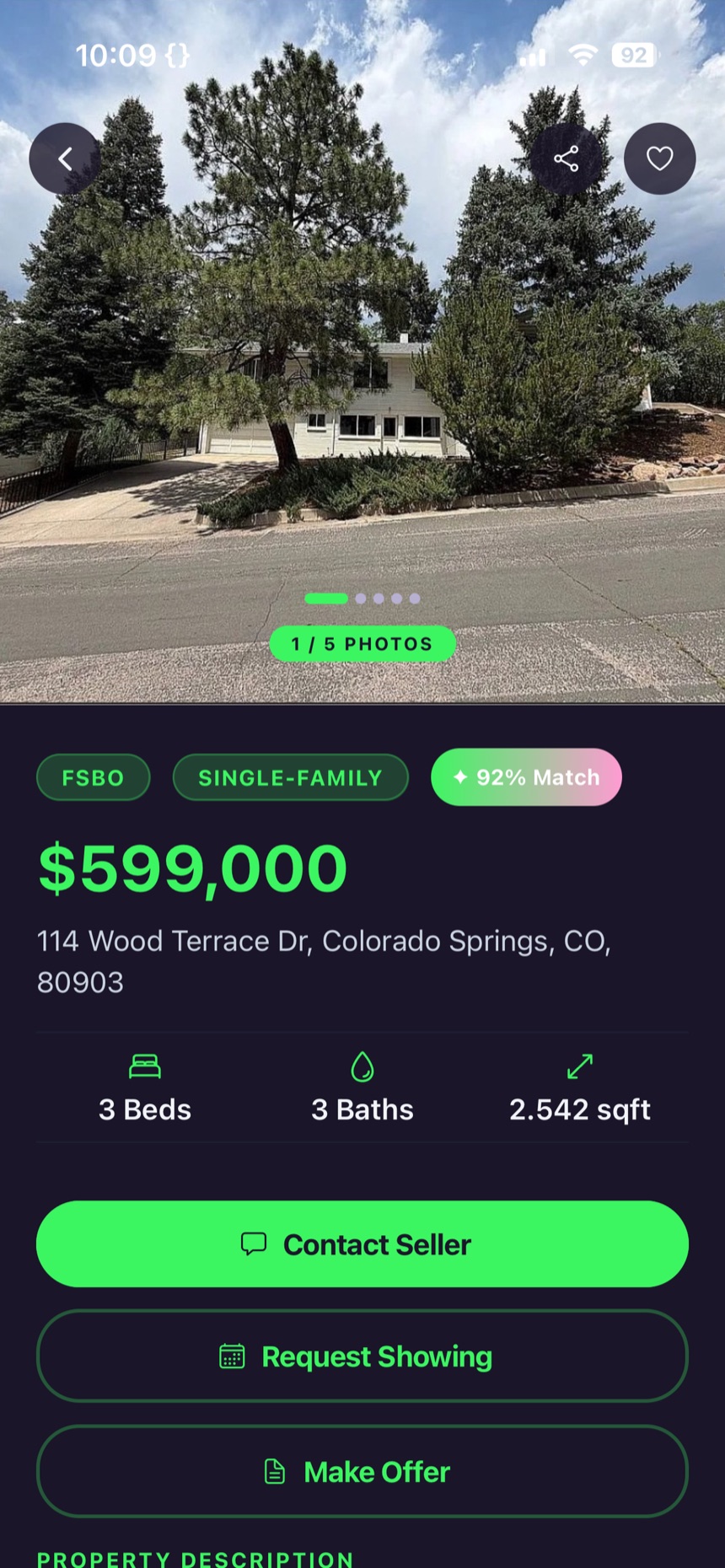 Fizzbo app — for-sale-by-owner property detail with Contact Seller, Request Showing and Make Offer