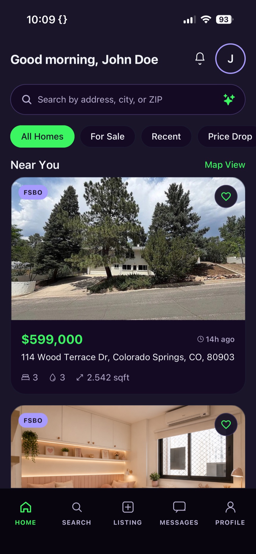 Fizzbo app — home feed of homes near you